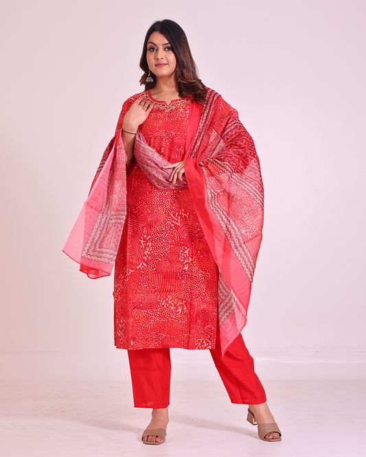 Pure Muslin Red Digital Print Dupatta Set with Zardozi Work
