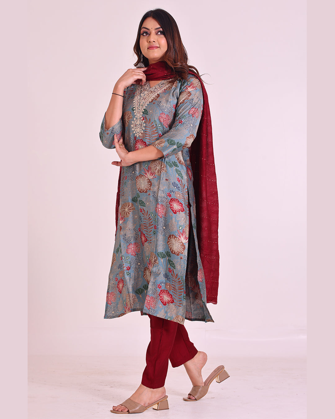 Grey and Maroon Pure Muslin Suit with Silk Dupatta and Pathni Work