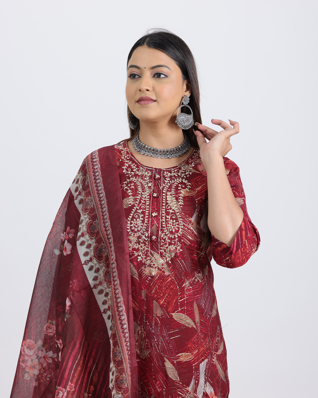 Pure Muslin Silk Maroon Suit with Digital Print Dupatta and Hand Embroidered Neckline