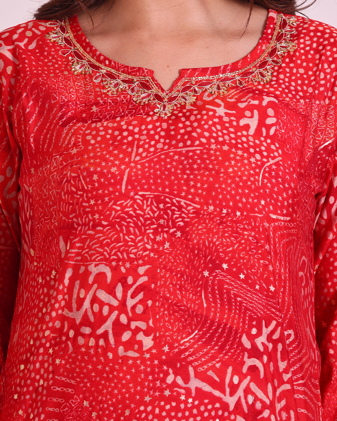 Pure Muslin Red Digital Print Dupatta Set with Zardozi Work