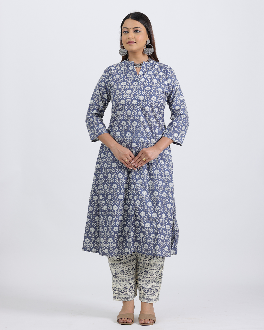 Pure Cotton Blue and White Kurta Pant Set in Bagru Print