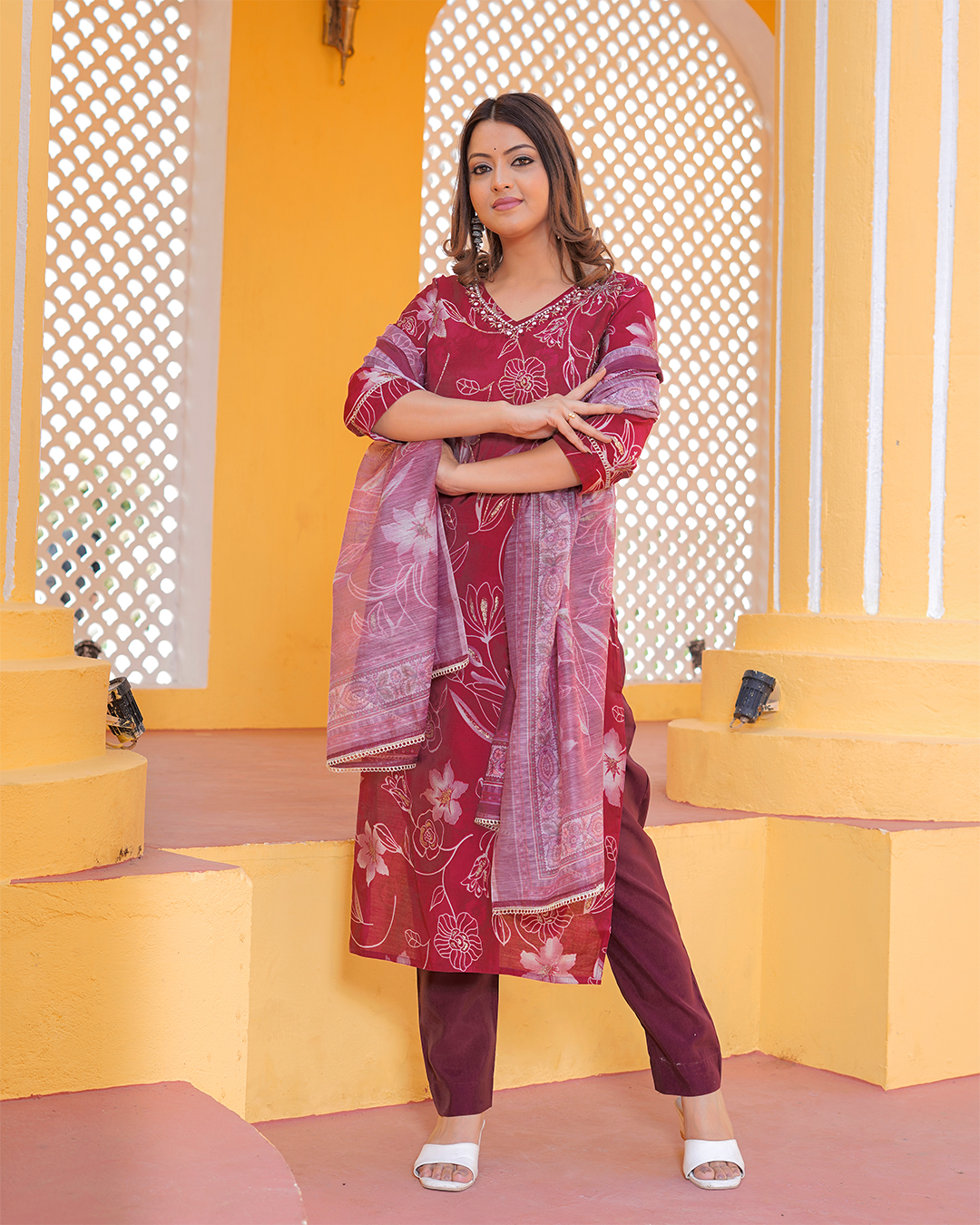 Pure Muslin Silk Maroon Suit with Digital Print Dupatta and Pearl & Sequence Work