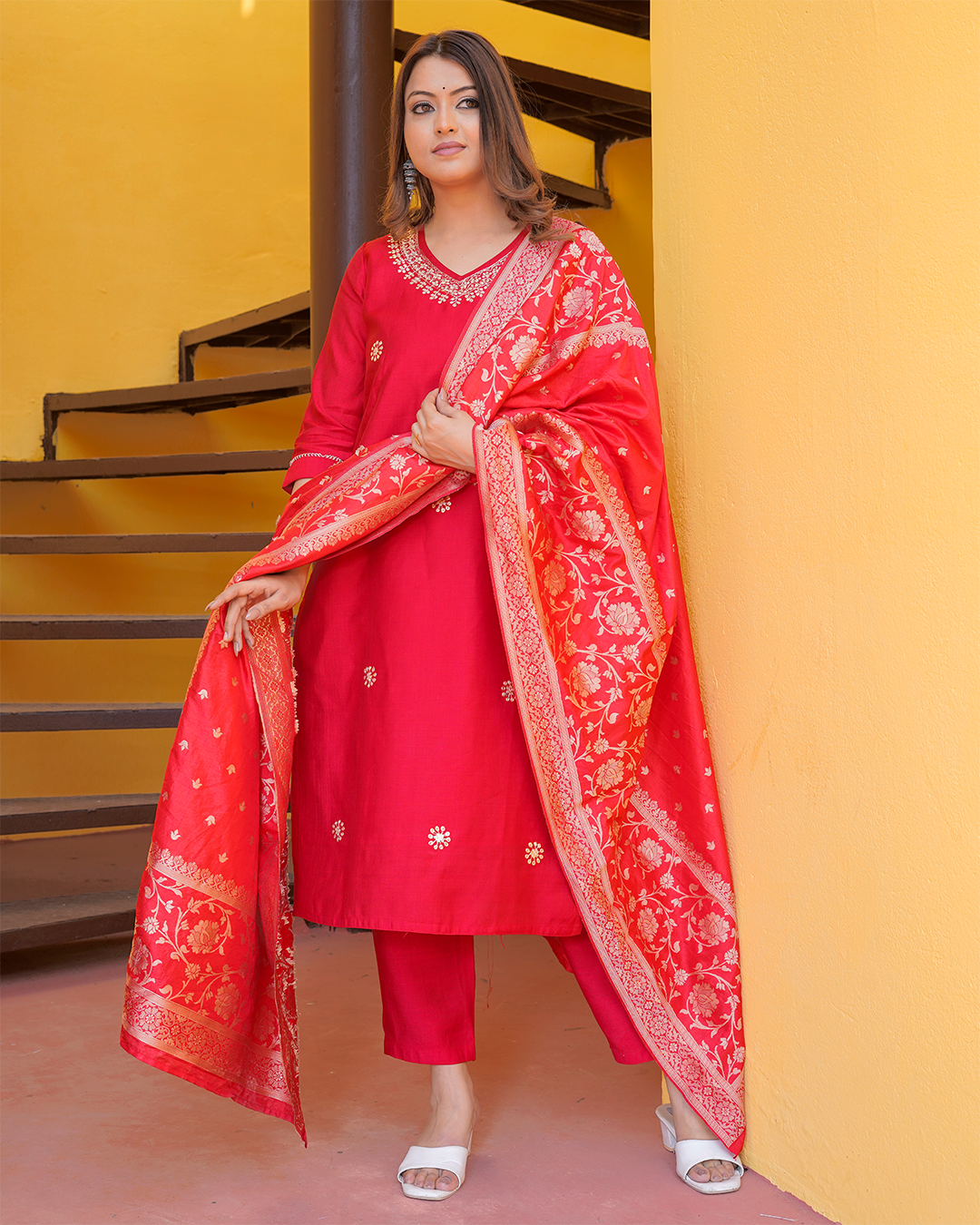 Pure silk Red suit with paithani work andheavy banarsi dupatta