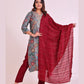 Grey and Maroon Pure Muslin Suit with Silk Dupatta and Pathni Work