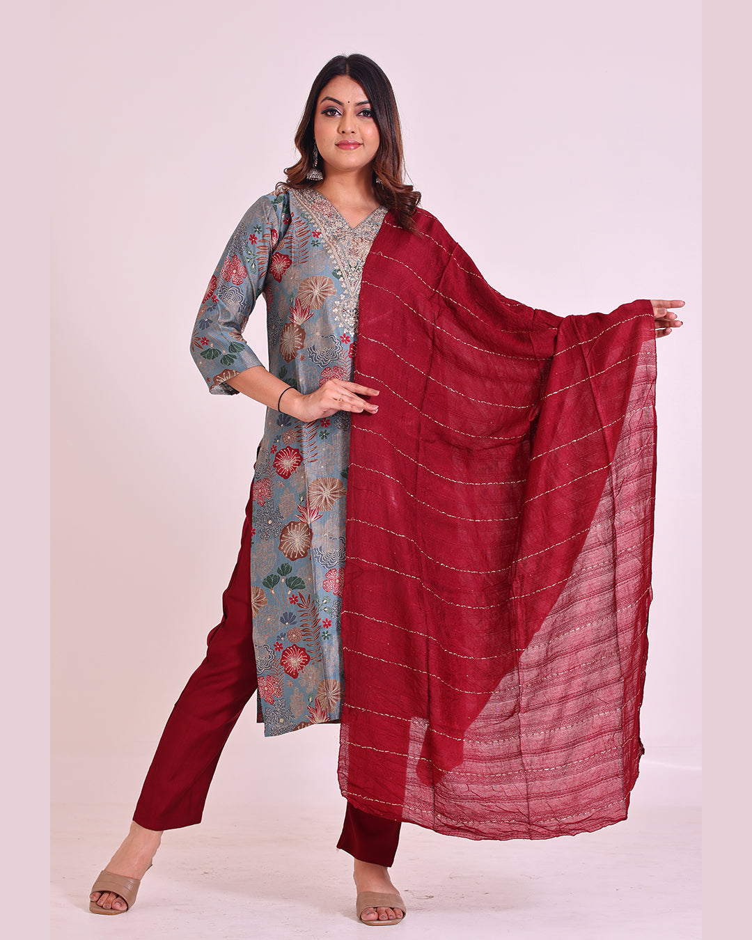 Grey and Maroon Pure Muslin Suit with Silk Dupatta and Pathni Work