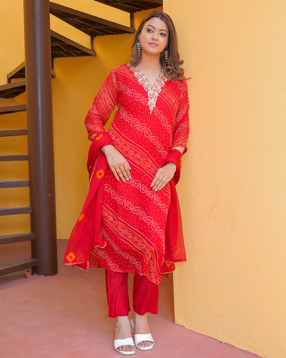 Pure Chiffon Red Bandhej Suit with Bandhani Dupatta and Pant Set in Pure Gotta Patti Work