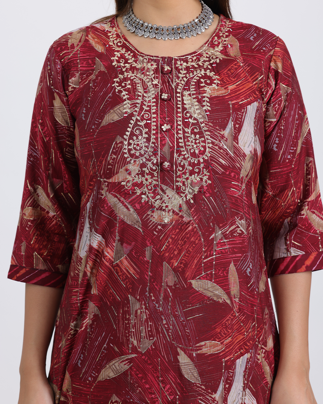 Pure Muslin Silk Maroon Suit with Digital Print Dupatta and Hand Embroidered Neckline