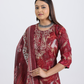 Pure Muslin Silk Maroon Suit with Digital Print Dupatta and Hand Embroidered Neckline