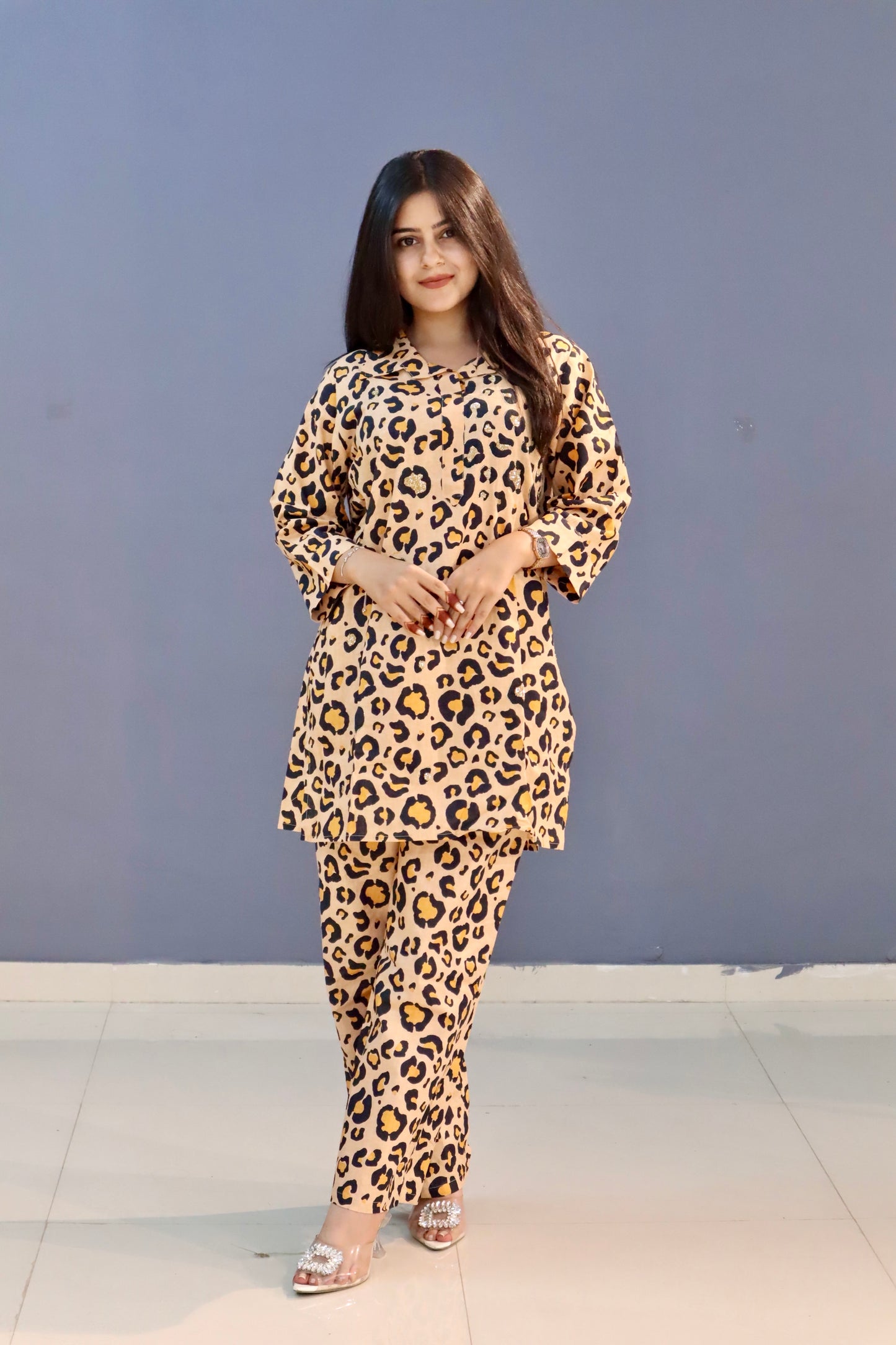 Pure Cotton Beige and Black Chittah Print Coord Set with Sparkle Work