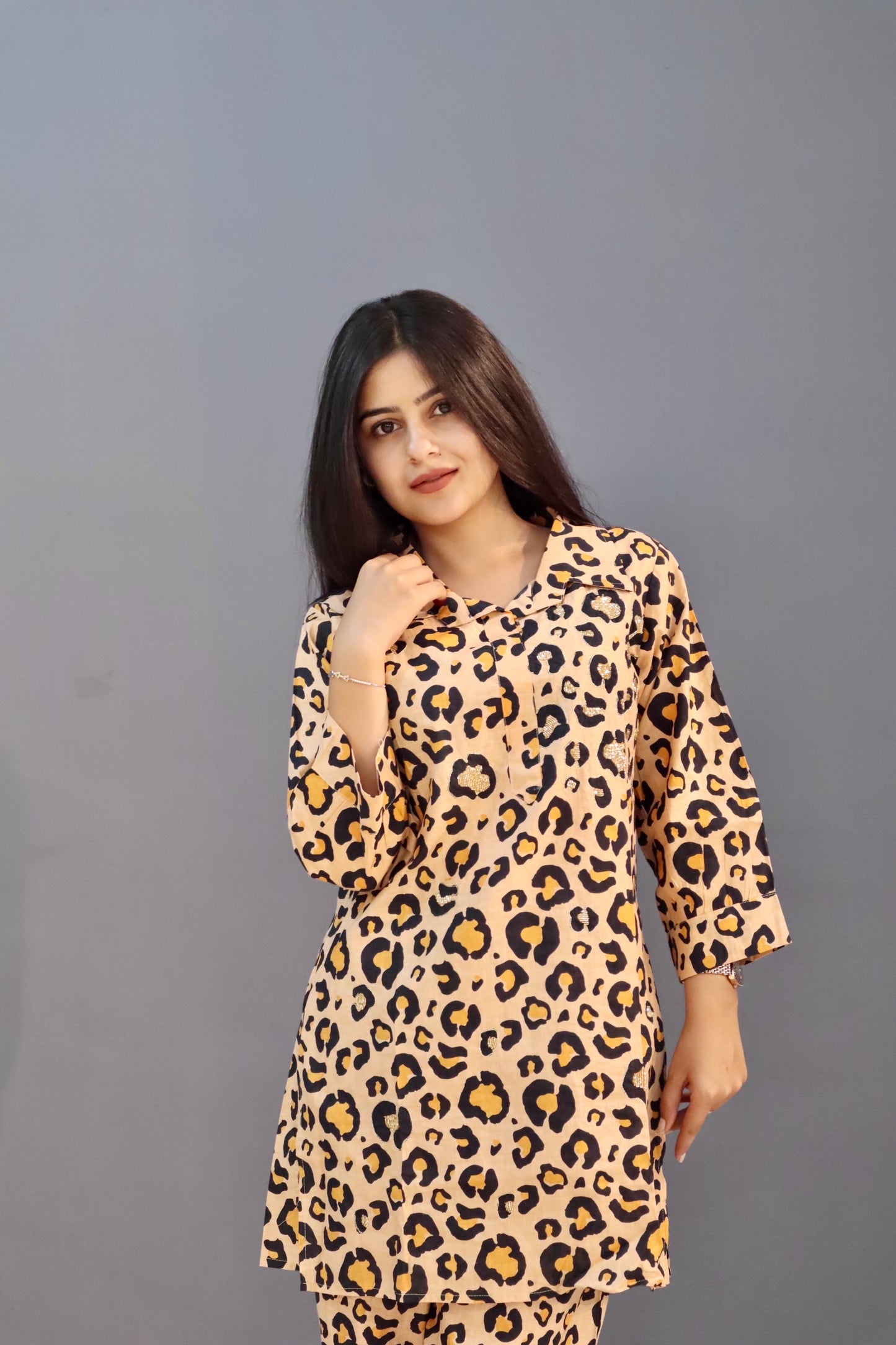 Pure Cotton Beige and Black Chittah Print Coord Set with Sparkle Work