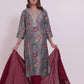 Grey and Maroon Pure Muslin Suit with Silk Dupatta and Pathni Work