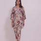 Pure Cotton Beige Floral Print Coord Set with Stylish V-Neck and Pearl & Sequence Work
