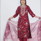 Pure Muslin Silk Maroon Suit with Digital Print Dupatta and Hand Embroidered Neckline